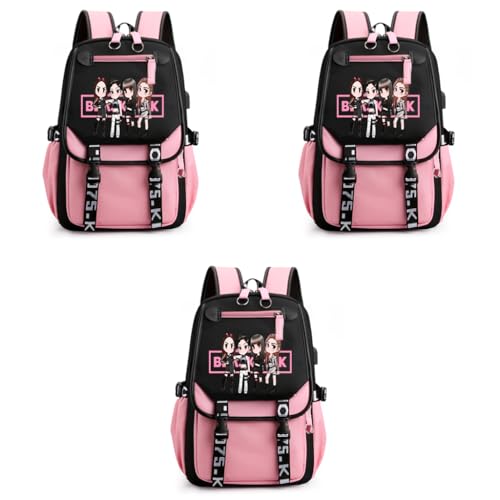 PALAY® Black Pink Bag For Girls School with USB Cable Jack Cute Backpacks Idol Print Design Laptop and Casual Student Accessories That can Hold 16.8 inches Books 3 PCS PALAY® Black Pink Bag For Girls School with USB Cable Jack Cute Backpacks Idol Print Design Laptop and Casual Student Accessories That can Hold 16.8 inches Books 3 PCS
